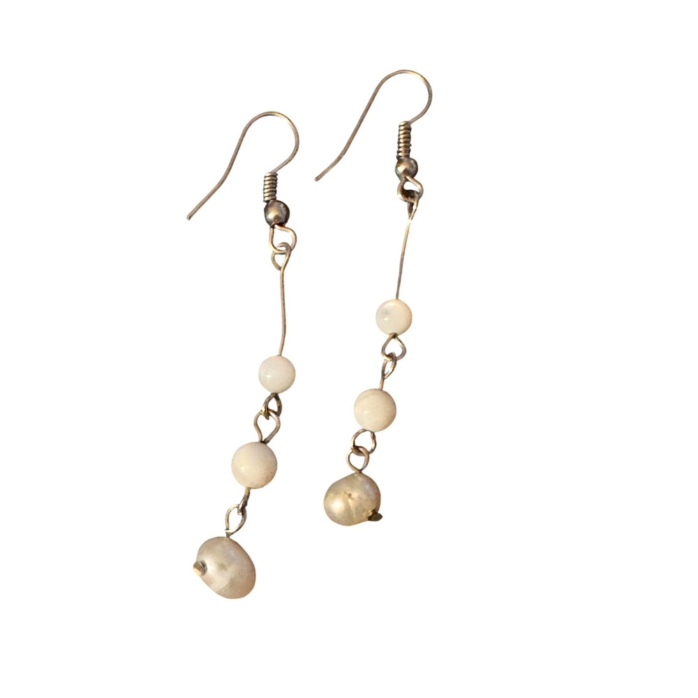 White Beaded Dangle Drop Earrings Silver Tone French Hook Bridal Wedding Classic